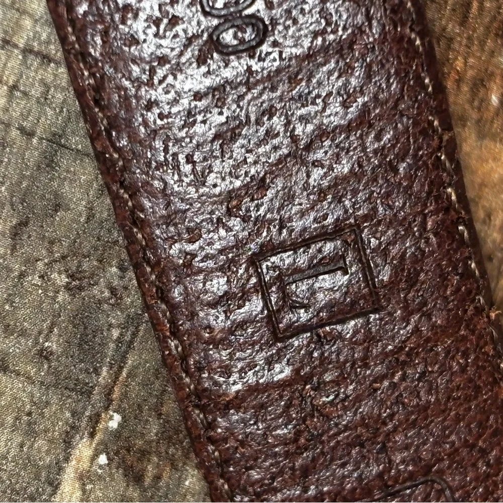 VTG Fossil Belt Womens Large Brown Leather 2-Tone Silver Brass Buckle Band